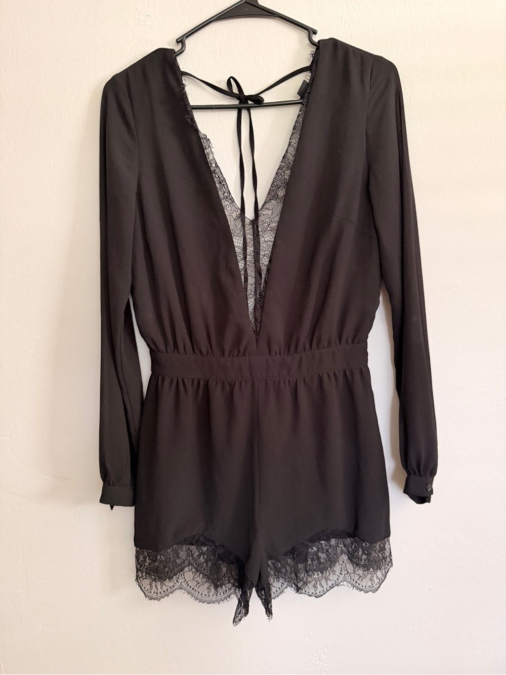 Hommage Black Lace Trim Long Sleeve Romper Sz S
